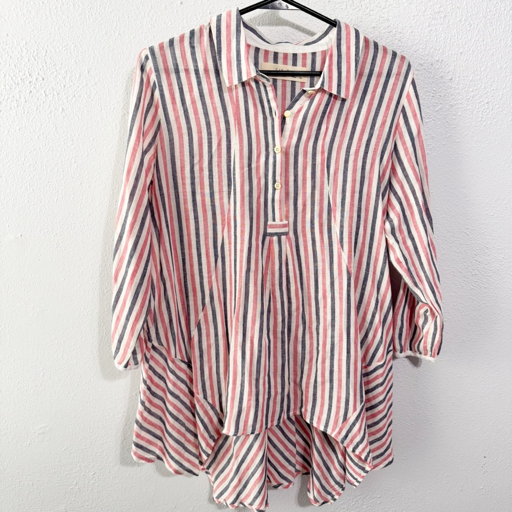 Isabella Sinclair Striped Button-Up Tunic Top linen med